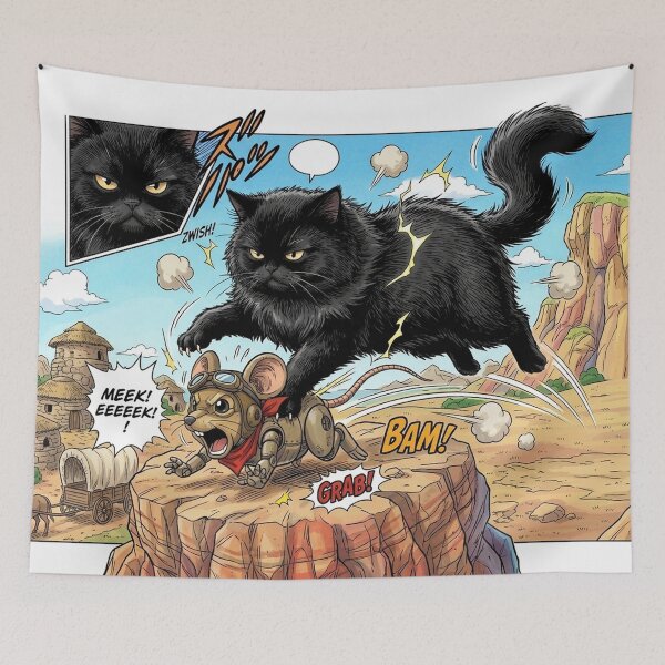 Item preview, Fluffy Black Cat Action Manga Comic Strip Art designed and sold by PetalsPaws.