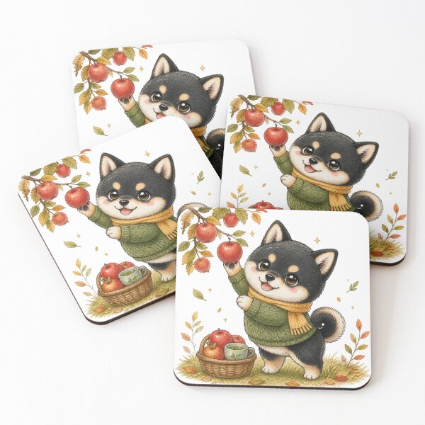 Item preview, Black and Tan Shiba Inu Apple Picking designed and sold by Kawaii Matcha Studio.