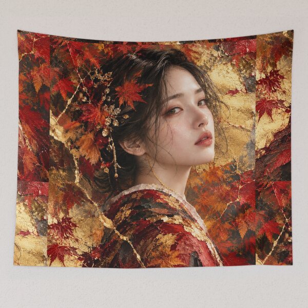 Item preview, Nostalgia — Japanese Kintsugi Autumn Female Portrait with Gold Leaf and Maple Leaves designed and sold by KINTSUGI-LUMI.