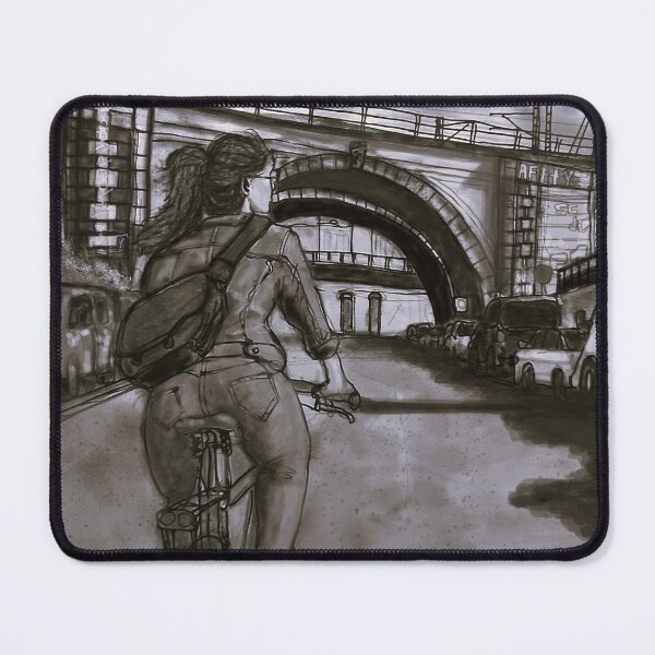 Item preview, Woman on a Bicycle Beneath the Bridge – Black and White Ink Drawing designed and sold by UMA Urban Sketch.