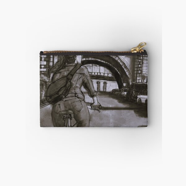 Item preview,  Woman on a Bicycle Beneath the Bridge – Black and White Ink Drawing designed and sold by UMA Urban Sketch.