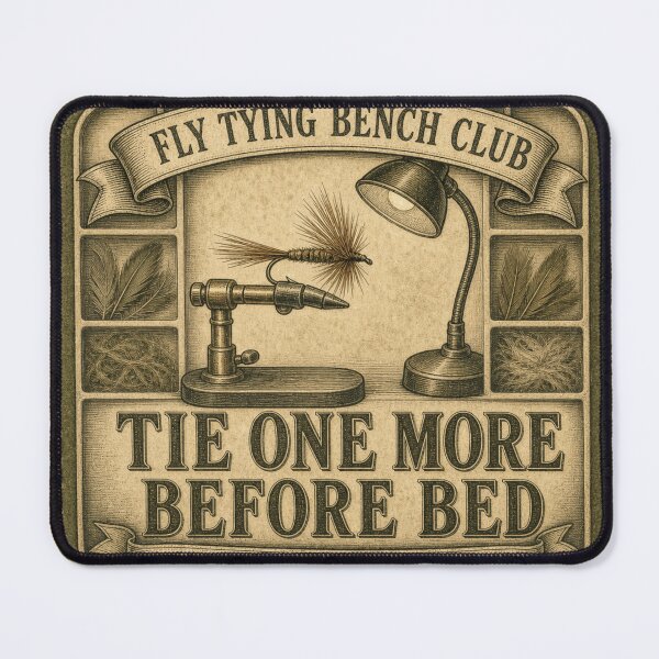 Item preview, Tie One More Before Bed Fly Tying Badge designed and sold by BoosterShop.