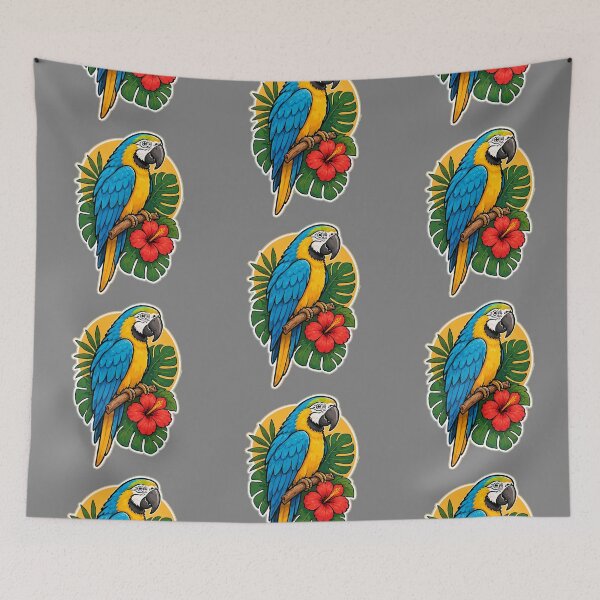 Item preview, Blue and Gold Macaw Parrot, Tropical Hibiscus & Monstera Leaf Art designed and sold by TimerX.