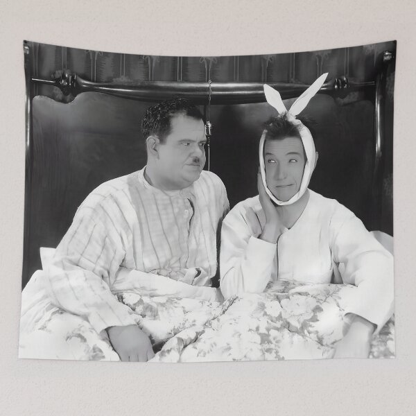 Item preview, Vintage Laurel and Hardy Leave 'em Laughing poster art print black and white photograph from TV show designed and sold by Astrid Arkhangelsky.