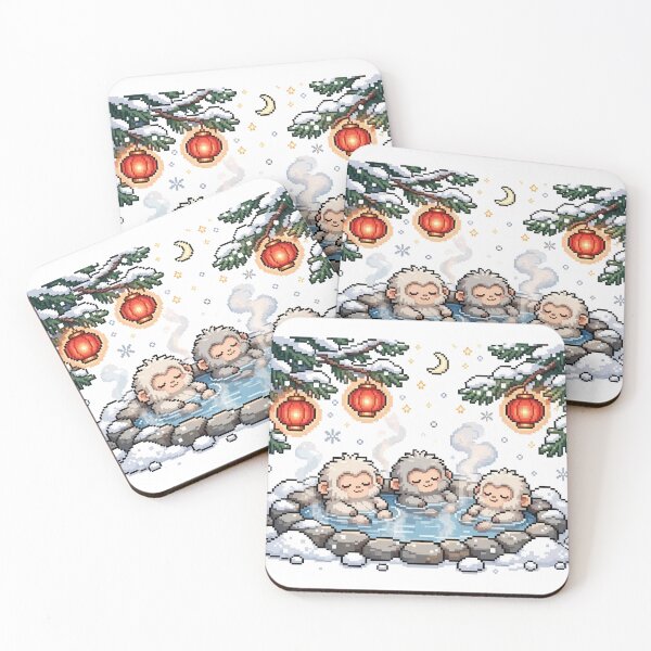 Item preview, Snow Monkey Onsen Pixel Art Christmas Night designed and sold by Ebodega.