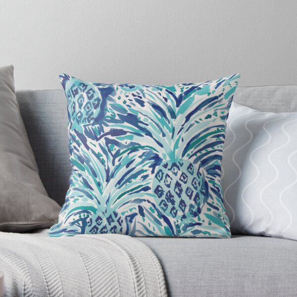 PINEAPPLE WAVE Blue Painterly Watercolor Throw Pillow