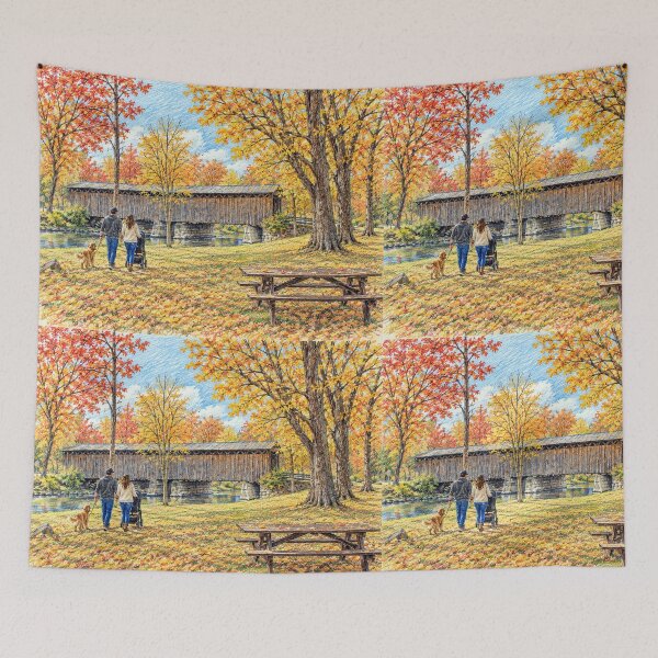 Item preview, Autumn Stroll to the Covered Bridge - watercolor designed and sold by gotucoveredart.