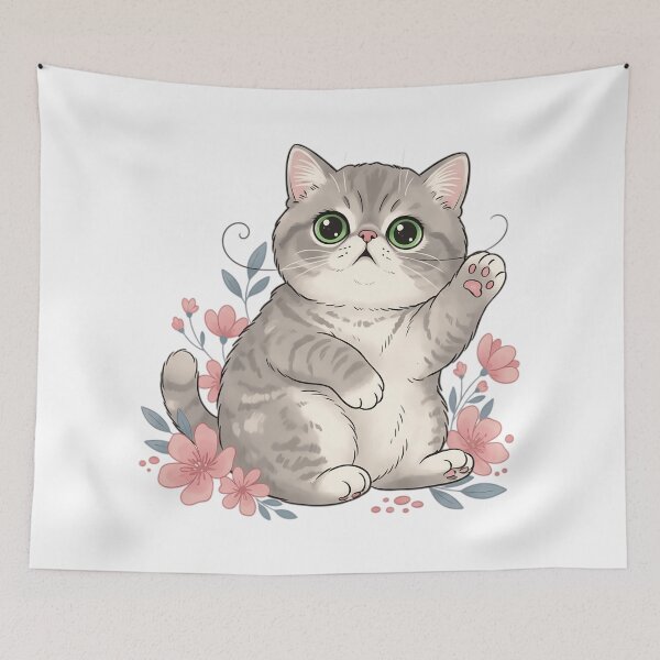 Item preview, Exotic Shorthair Cat - Cute Waving Kitten With Pink Flowers designed and sold by Lucid Dream Pixel.