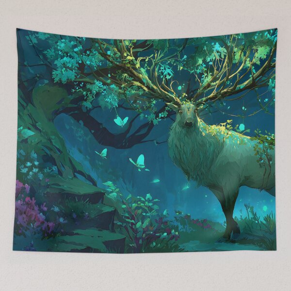 Item preview, Majestic Forest Druid Stag Deer Art - Enchanted Glowing Antlers & Glowing Butterflies Nature Fantasy designed and sold by MerchMain.