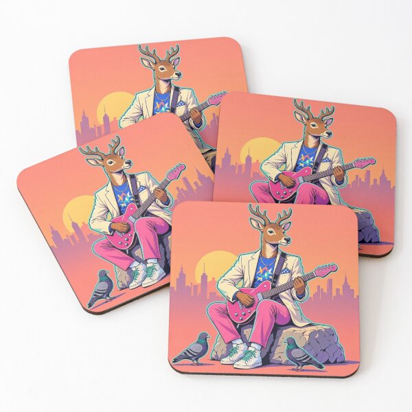 Item preview, Deer Playing Electric Guitar - 80s Retro City Sunset Art designed and sold by Dogandesighn.