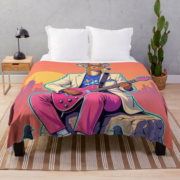 Item preview, Deer Playing Electric Guitar - 80s Retro City Sunset Art designed and sold by Dogandesighn.