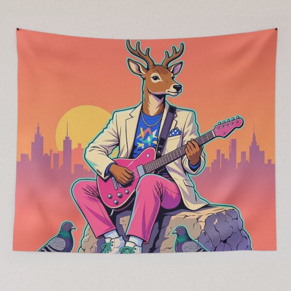 Item preview, Deer Playing Electric Guitar - 80s Retro City Sunset Art designed and sold by Dogandesighn.