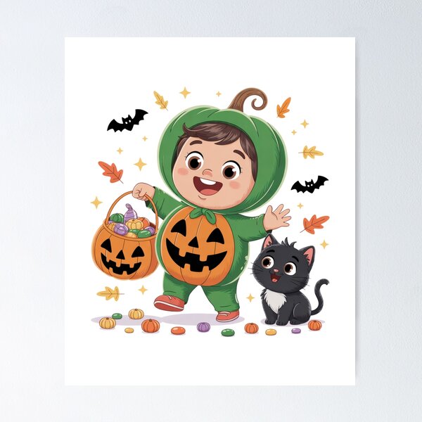 Item preview, cute halloween kid in green costume holding pumpkin bucket and black cat designed and sold by DariaOltes.