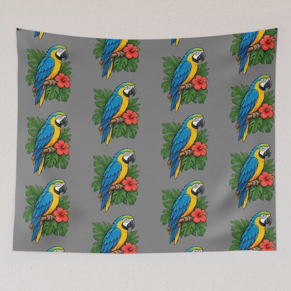 Item preview, Vibrant Blue and Gold Macaw with Red Hibiscus, Tropical Parrot Art designed and sold by TimerX.