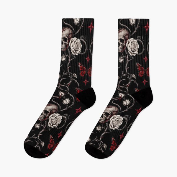 Item preview, "Bloody Romance" - Gothic Skull, White Rose & Red Butterfly Pattern designed and sold by cabuks.