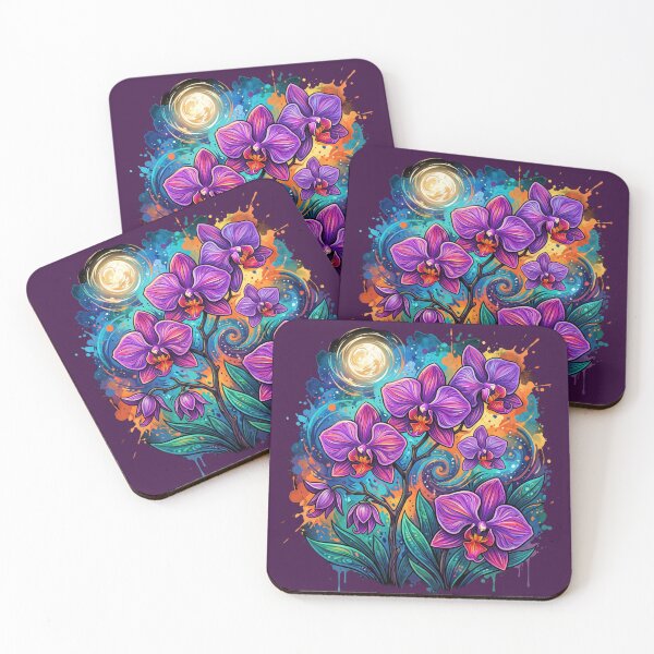 Item preview, Cosmic Purple Orchids - Vibrant Watercolor Moon and Galaxy Art designed and sold by Chroma Dreams .