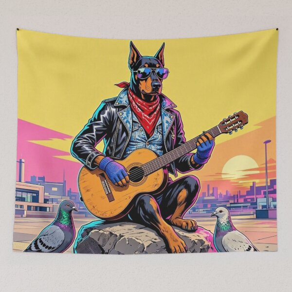 Item preview, Doberman Playing Acoustic Guitar - 80s Leather Jacket Dog Art designed and sold by Dogandesighn.