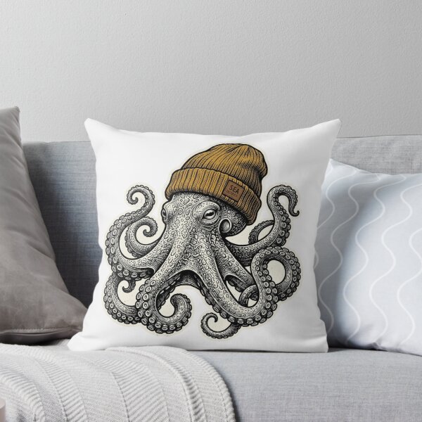 Item preview, Vintage Octopus in Beanie Hat, Nautical Sailor Cephalopod Sea Life Illustration designed and sold by raedattia.