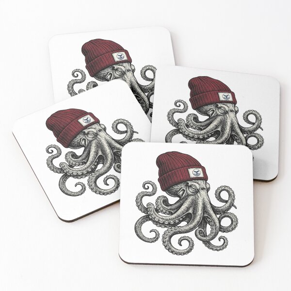 Item preview, Vintage Octopus in Maroon Beanie Hat, Nautical Sailor Cephalopod Sea Creature designed and sold by raedattia.