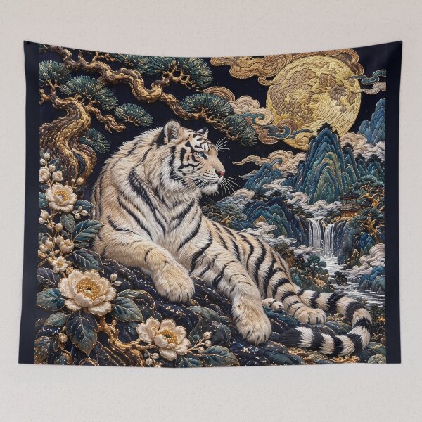 Item preview, White Tiger Under Golden Full Moon – Chinese Landscape Art designed and sold by ManJiangHong.