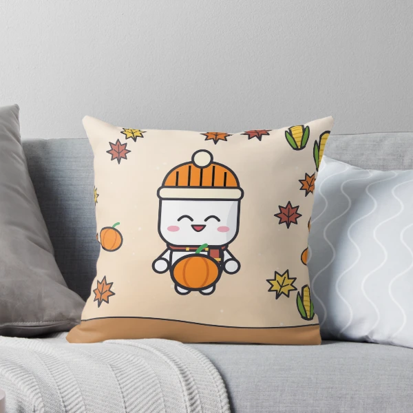 Pumpkin Patch Club - Cozy Fall Marshmallow Pip with a Pumpkin — Throw Pillow by BiMood
