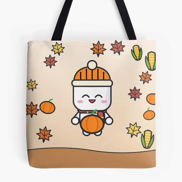 Pumpkin Patch Club - Cozy Fall Marshmallow Pip with a Pumpkin — All Over Print Tote Bag by BiMood