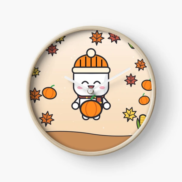 Pumpkin Patch Club - Cozy Fall Marshmallow Pip with a Pumpkin — Clock by BiMood