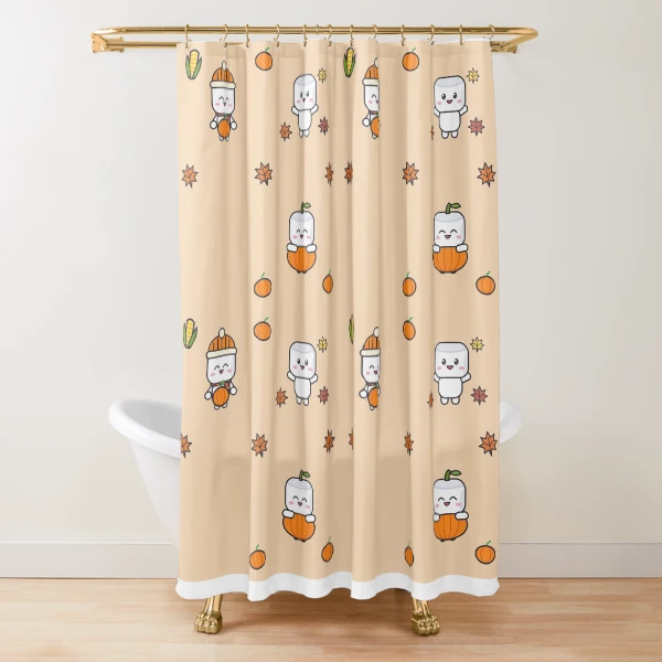 Pumpkin Patch Club - Cozy Fall Marshmallow Pip with a Pumpkin — Shower Curtain by BiMood