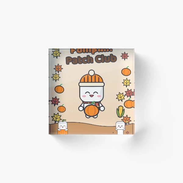 Pumpkin Patch Club - Cozy Fall Marshmallow Pip with a Pumpkin — Acrylic Block by BiMood