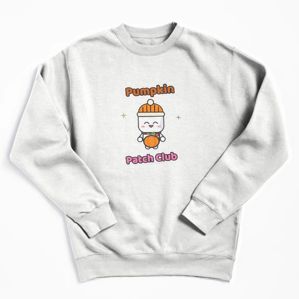 Pumpkin Patch Club - Cozy Fall Marshmallow Pip with a Pumpkin — Pullover Sweatshirt by BiMood