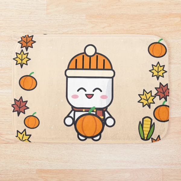 Pumpkin Patch Club - Cozy Fall Marshmallow Pip with a Pumpkin — Bath Mat by BiMood