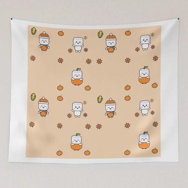 Pumpkin Patch Club - Cozy Fall Marshmallow Pip with a Pumpkin — Tapestry by BiMood