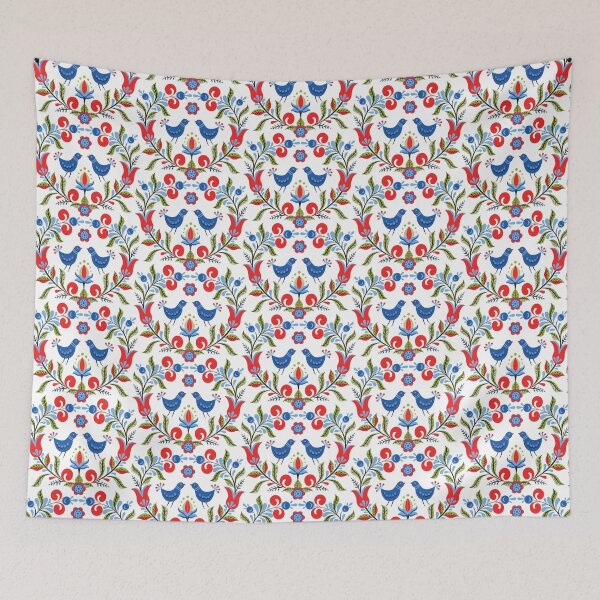 Item preview, Scandinavian Folk Birds and Floral Pattern in Red and Blue designed and sold by Sveta Aho.