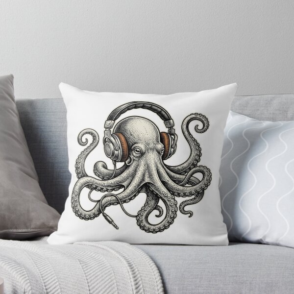 Item preview, Vintage Octopus Wearing DJ Headphones, Audiophile Cephalopod Music Producer Illustration designed and sold by raedattia.