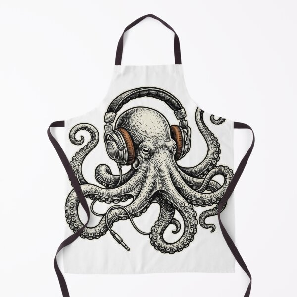 Item preview, Vintage Octopus Wearing DJ Headphones, Audiophile Cephalopod Music Producer Illustration designed and sold by raedattia.