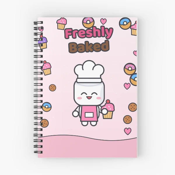 Freshly Baked - Cute Baker Marshmallow Pip with a Cupcake — Spiral Notebook by BiMood