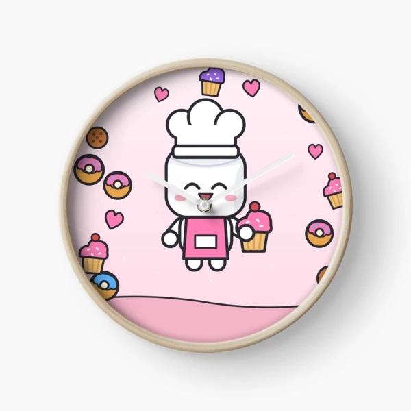 Freshly Baked - Cute Baker Marshmallow Pip with a Cupcake — Clock by BiMood