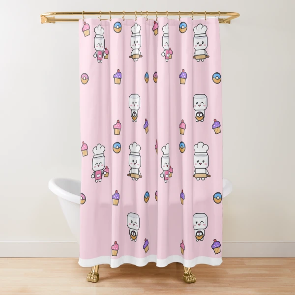 Freshly Baked - Cute Baker Marshmallow Pip with a Cupcake — Shower Curtain by BiMood