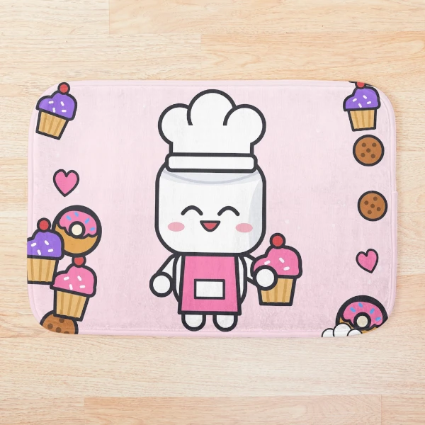 Freshly Baked - Cute Baker Marshmallow Pip with a Cupcake — Bath Mat by BiMood