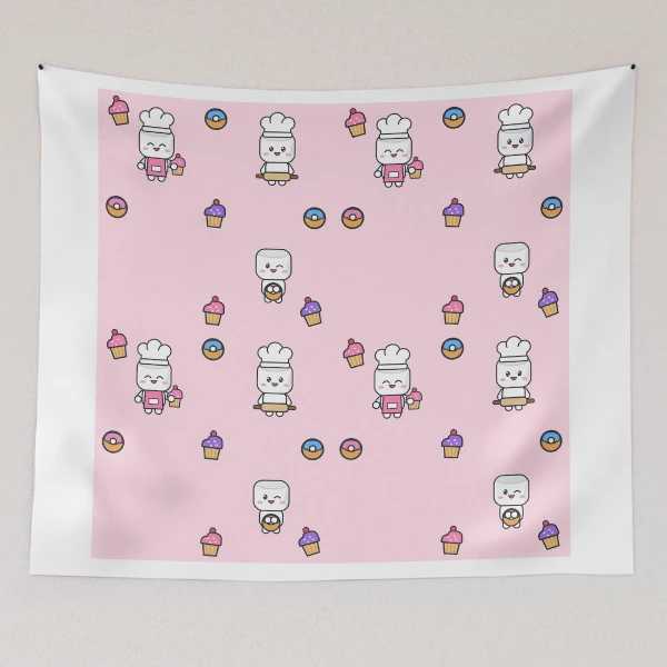 Freshly Baked - Cute Baker Marshmallow Pip with a Cupcake — Tapestry by BiMood