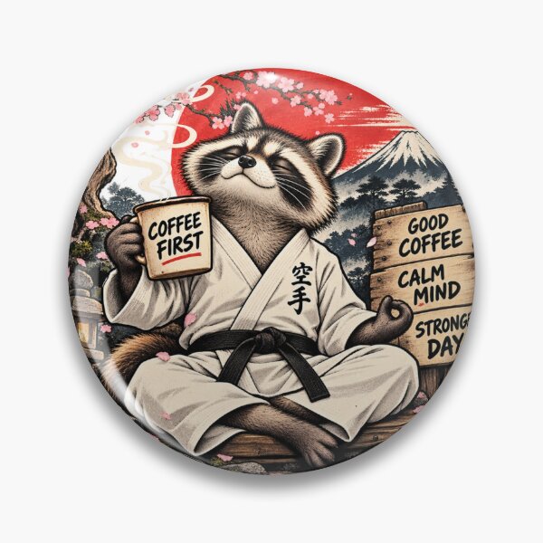 Item preview, Raccoon Karate Sensei – Coffee First, Zen Later – Funny Japanese Retro Art designed and sold by AndrewYoko.