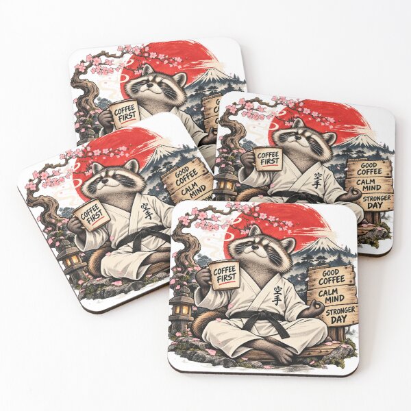 Item preview, Raccoon Karate Sensei – Coffee First, Zen Later – Funny Japanese Retro Art designed and sold by AndrewYoko.
