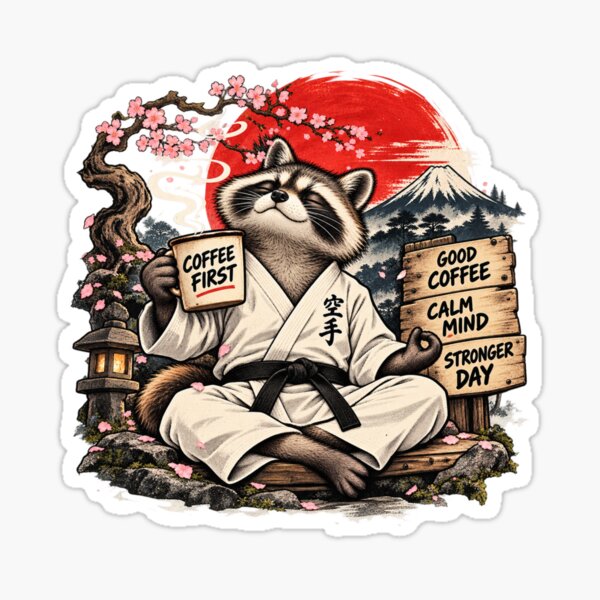 Item preview, Raccoon Karate Sensei – Coffee First, Zen Later – Funny Japanese Retro Art designed and sold by AndrewYoko.