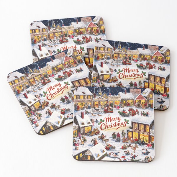 Item preview, Vintage Christmas Village in Snow. Merry Christmas Winter Town Illustration designed and sold by Deepsleepstudio.