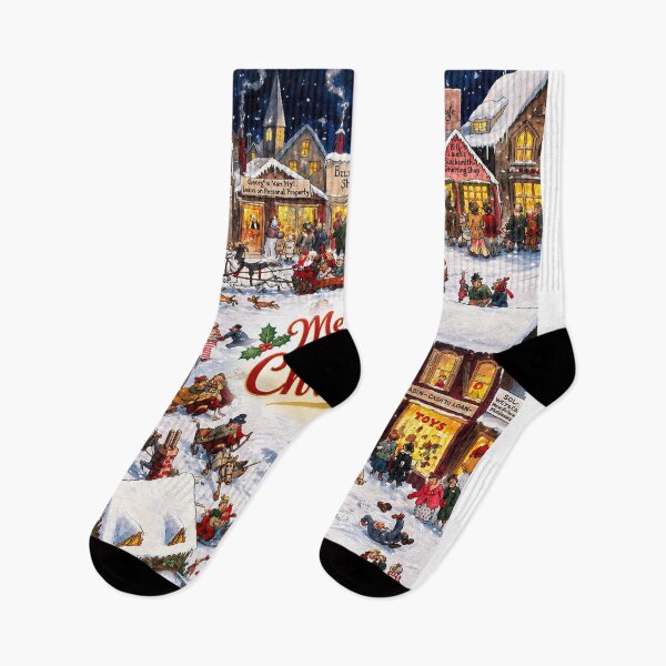 Item preview, Vintage Christmas Village in Snow. Merry Christmas Winter Town Illustration designed and sold by Deepsleepstudio.