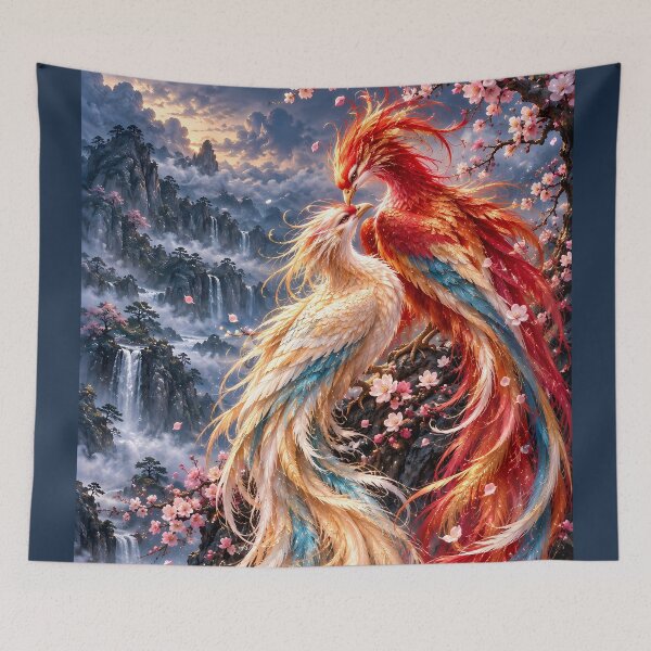 Item preview, Two Phoenix Birds with Cherry Blossoms – Fantasy Chinese Landscape Art designed and sold by ManJiangHong.