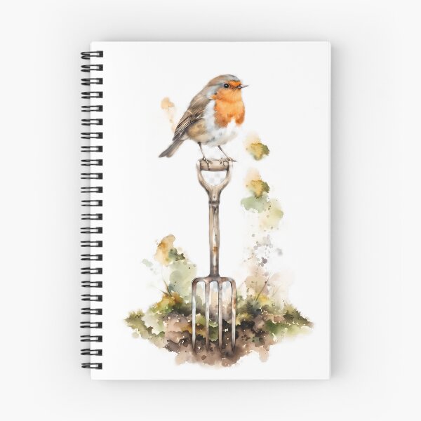 Item preview, A charming European robin perched atop a rustic garden fork amidst watercolor splatters and soil designed and sold by TeeBeeDesigns.