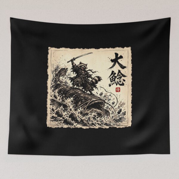 Item preview, Raccoon Samurai Riding Giant Catfish Vintage Japanese Art designed and sold by gunaone-design.
