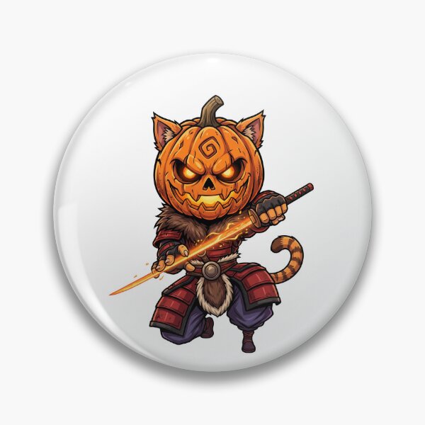 Item preview, Pumpkin Cat Warrior Jack O Lantern Samurai Flaming Blade designed and sold by Retro Whiskers.
