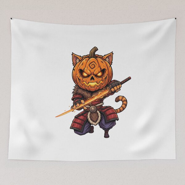 Item preview, Pumpkin Cat Warrior Jack O Lantern Samurai Flaming Blade designed and sold by Retro Whiskers.